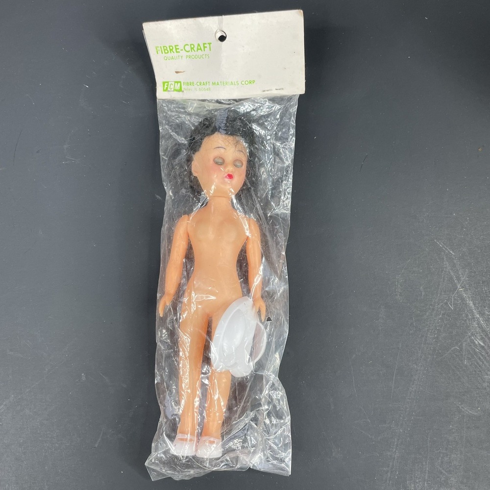 Vtg Fibre Craft 7.5" Flat Heel Doll BLACK Hair MOVING EYES Stand NIP 3000 P394